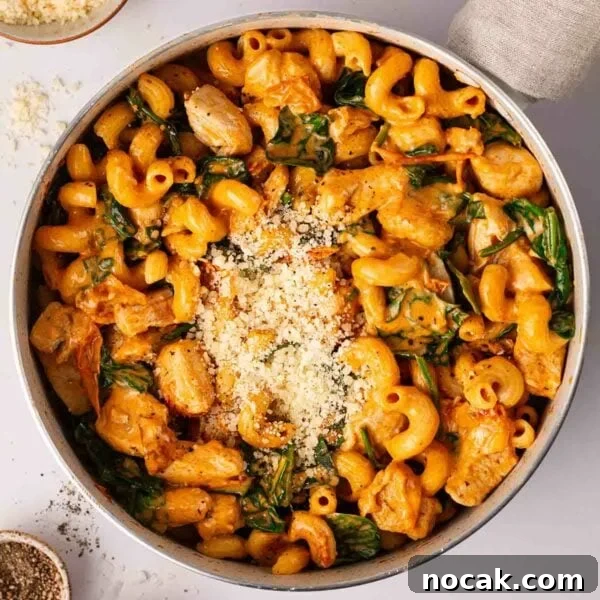 Marry Me Chicken and Rice — One-Pan Dump and Bake Recipe 11 A bird's eye view of pasta with chicken and a creamy Marry Me sauce, with spinach and parmesan cheese on top.