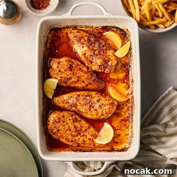 Marry Me Chicken and Rice — One-Pan Dump and Bake Recipe 13 An oven dish with four baked chicken breasts on table, with a bowl of chips to the side, ready to serve.