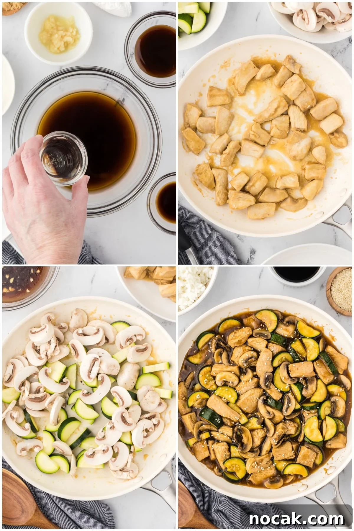 A collage of four images showing how to make the chicken recipe.