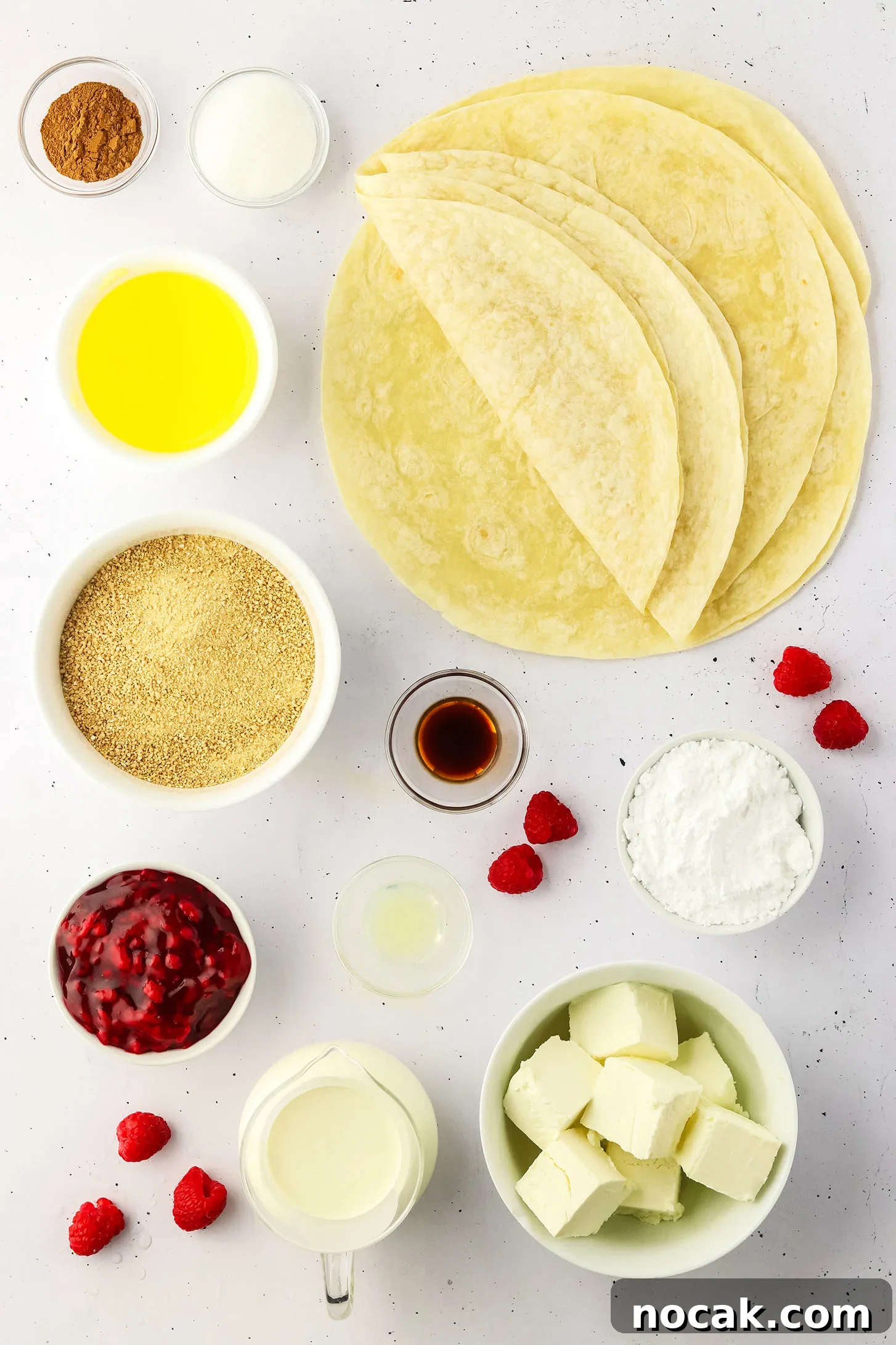 Raspberry Cheesecake Tacos: Creamy Dessert Taco Recipe 4 ingredients for raspberry cheesecake tacos on a white board