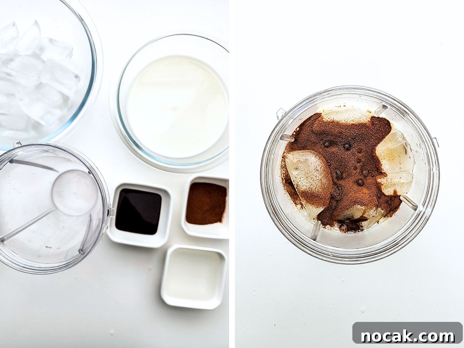 DIY S'mores Frappuccino: Starbucks Copycat Recipe for Home 5 Collage image of Frappuccino ingredients separated into white and small glass bowls. Includes ingredients being placed into clear blender, ready to be blended.
