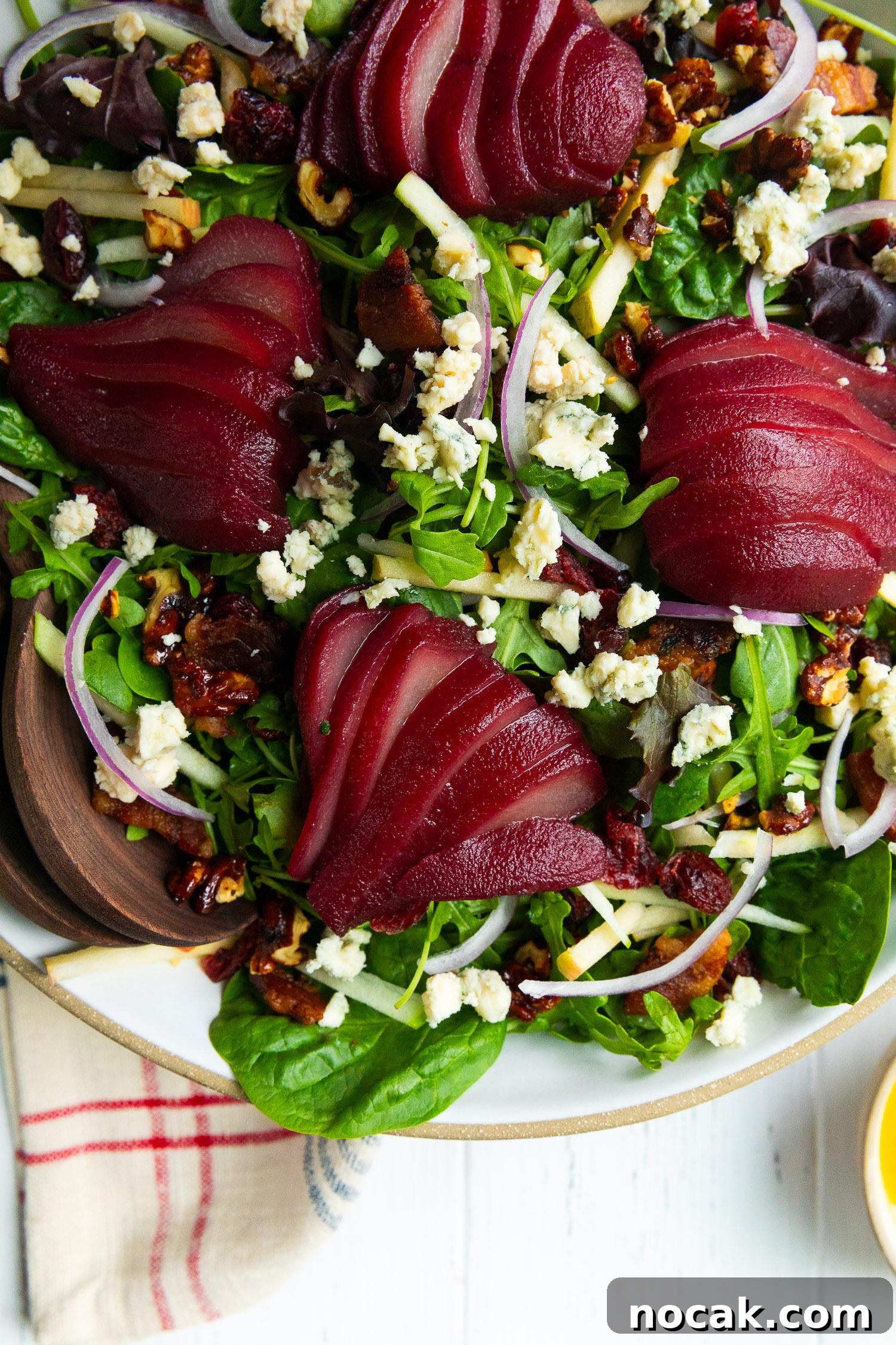 Red Wine-Poached Pear Salad with Blue Cheese, Pancetta & Walnuts 3 Closeup of salad components