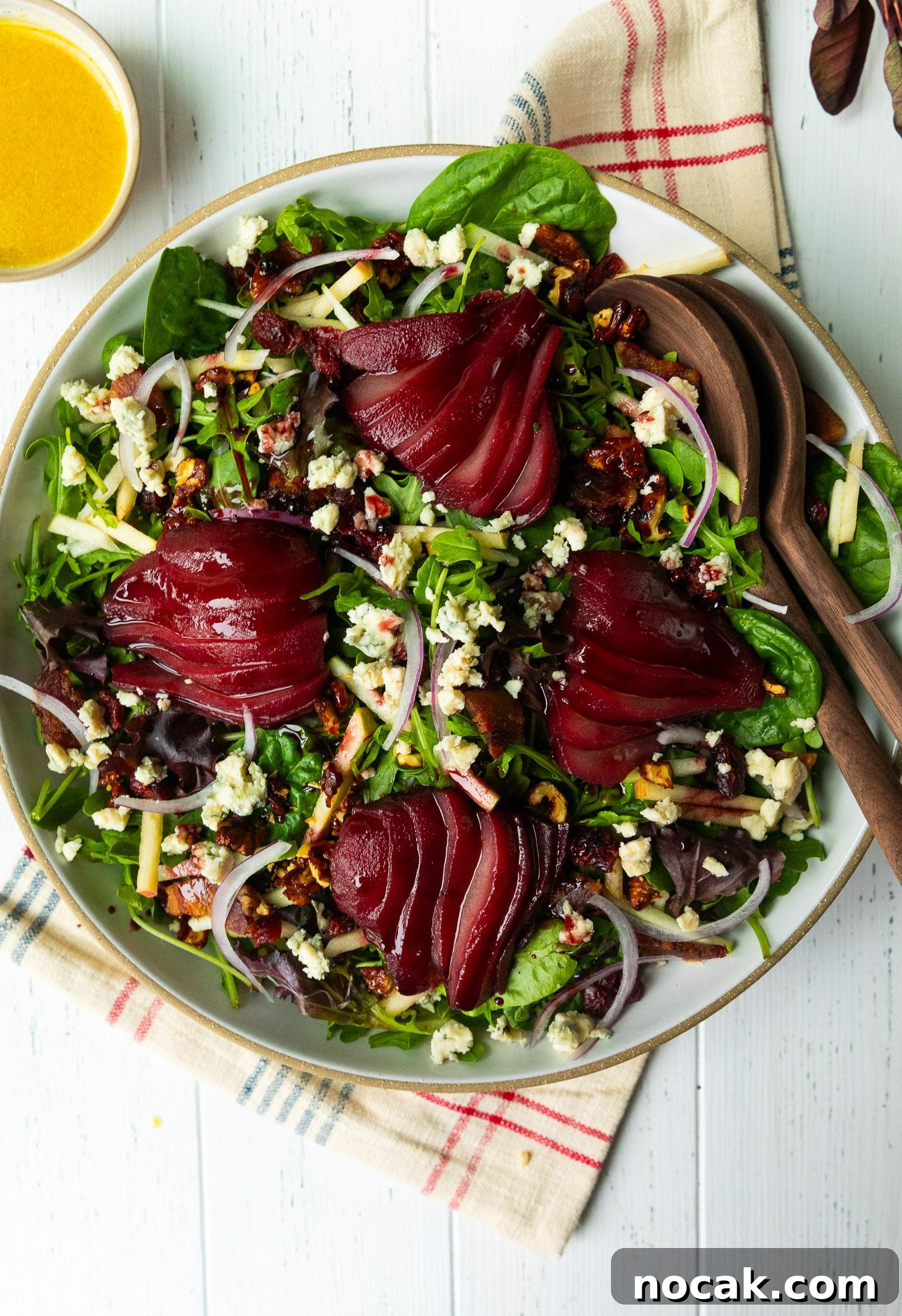 Red Wine-Poached Pear Salad with Blue Cheese, Pancetta & Walnuts 9 Finished salad ready to serve