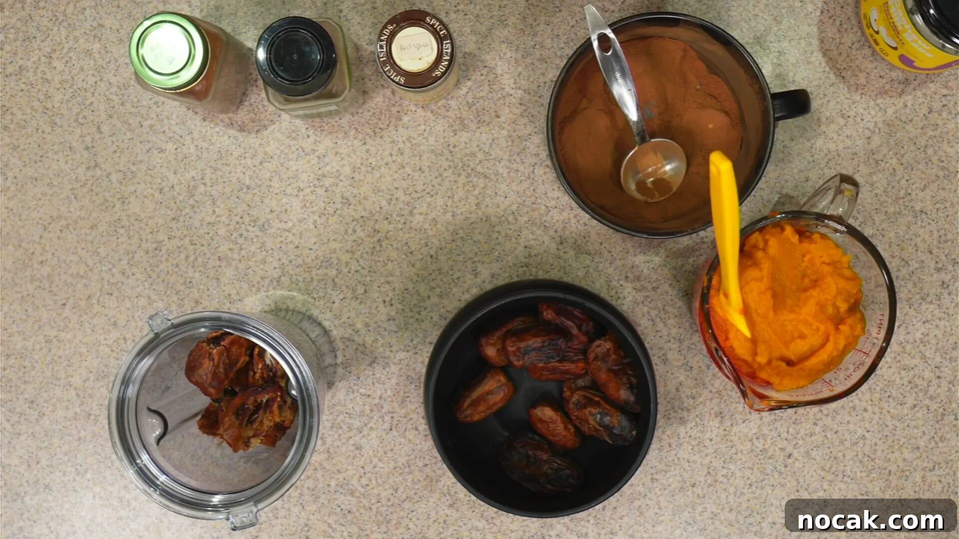 Date-Sweetened Whole-Food Plant-Based Pumpkin Spice Sauce 3 Adding dates and water to blender