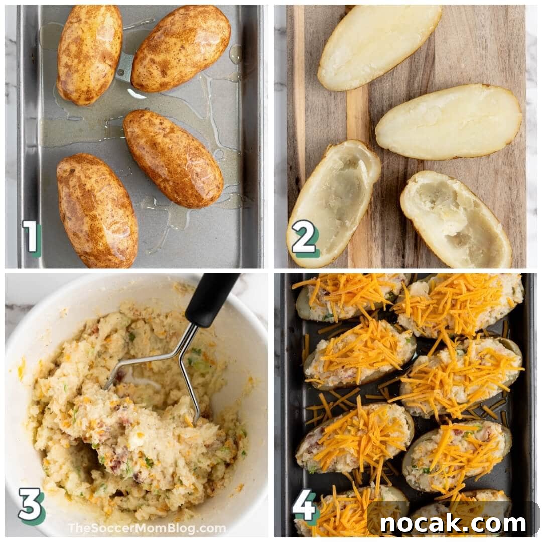 Ultimate Twice-Baked Potatoes Recipe for Crispy, Creamy Filling 5 4 step photo collage showing how to make twice-baked potatoes.