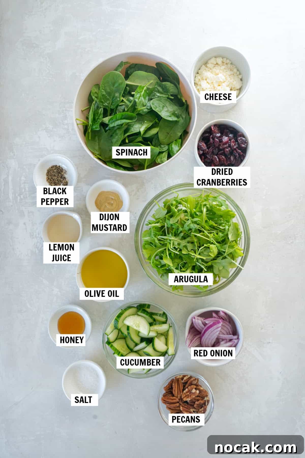 All of the ingredients for spinach and arugula salad in bowls on a white countertop including spinach, arugula, cucumber, dried cranberries, red onion, olive oil, white wine vinegar, dijon mustard, honey, salt and pepper.