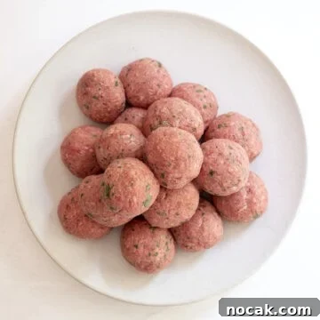 Classic Italian Fried Meatballs Recipe — Crispy, Savory Plates 5 Raw meatballs on a plate.