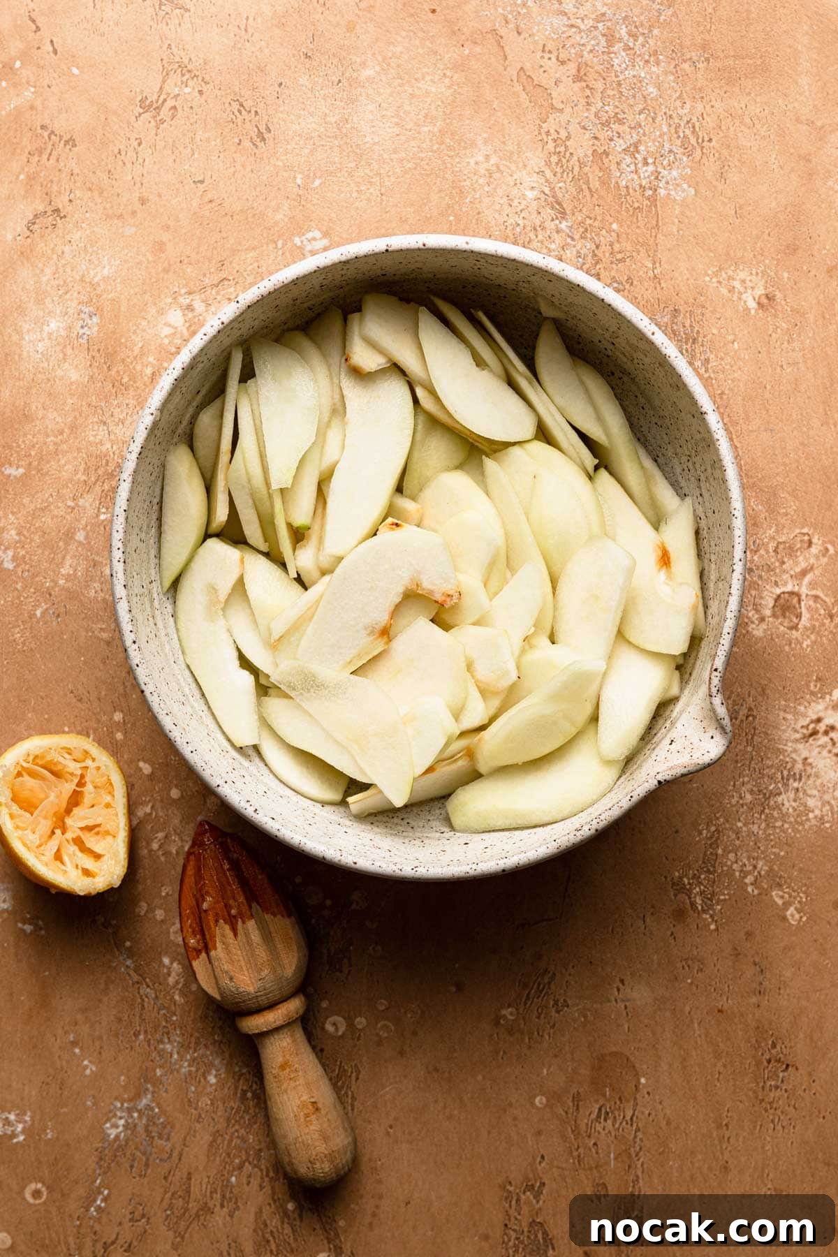 Pears peeled and sliced.