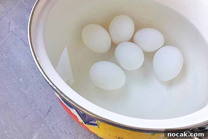 Chipotle Deviled Eggs with Smoky-Spicy Kick 5 Horizontal image of boiling eggs in a pot on a gray surface