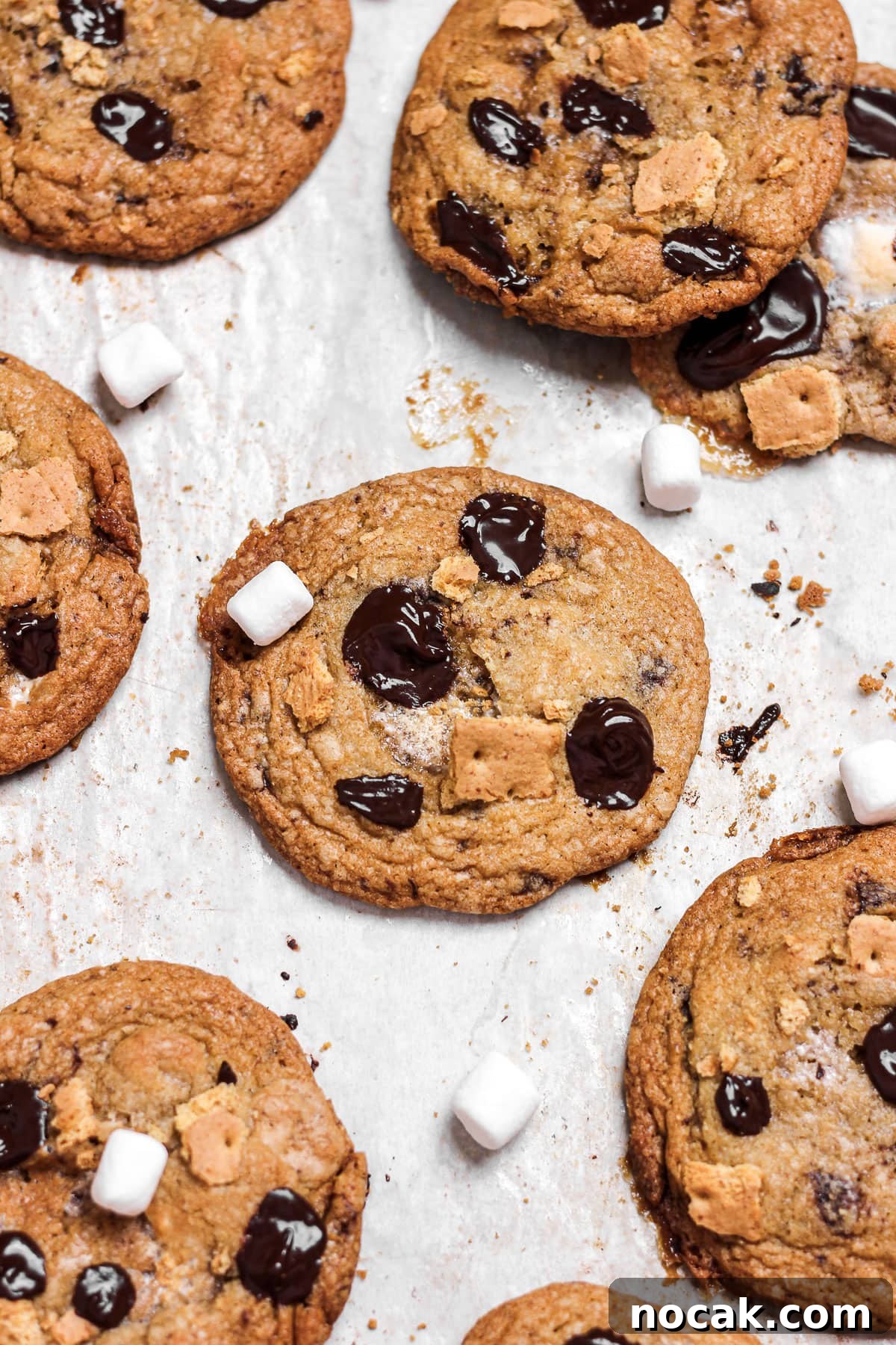 Chewy S’mores Cookie Recipe — Gooey Chocolate & Toasted Marshmallow 4 smores chocolate chip cookies with marshmallows