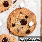A s'mores cookie with melted chocolate chips and mini marshmallows.