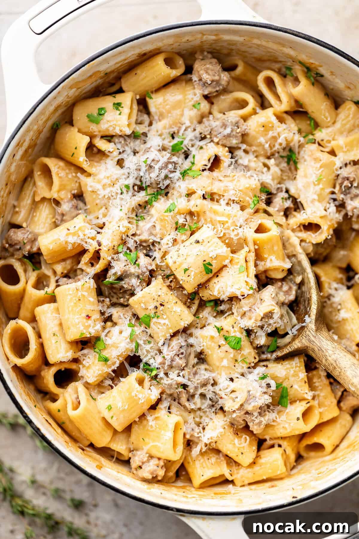 Creamy French Onion Sausage Pasta Recipe 3 sausage french onion pasta in dutch oven