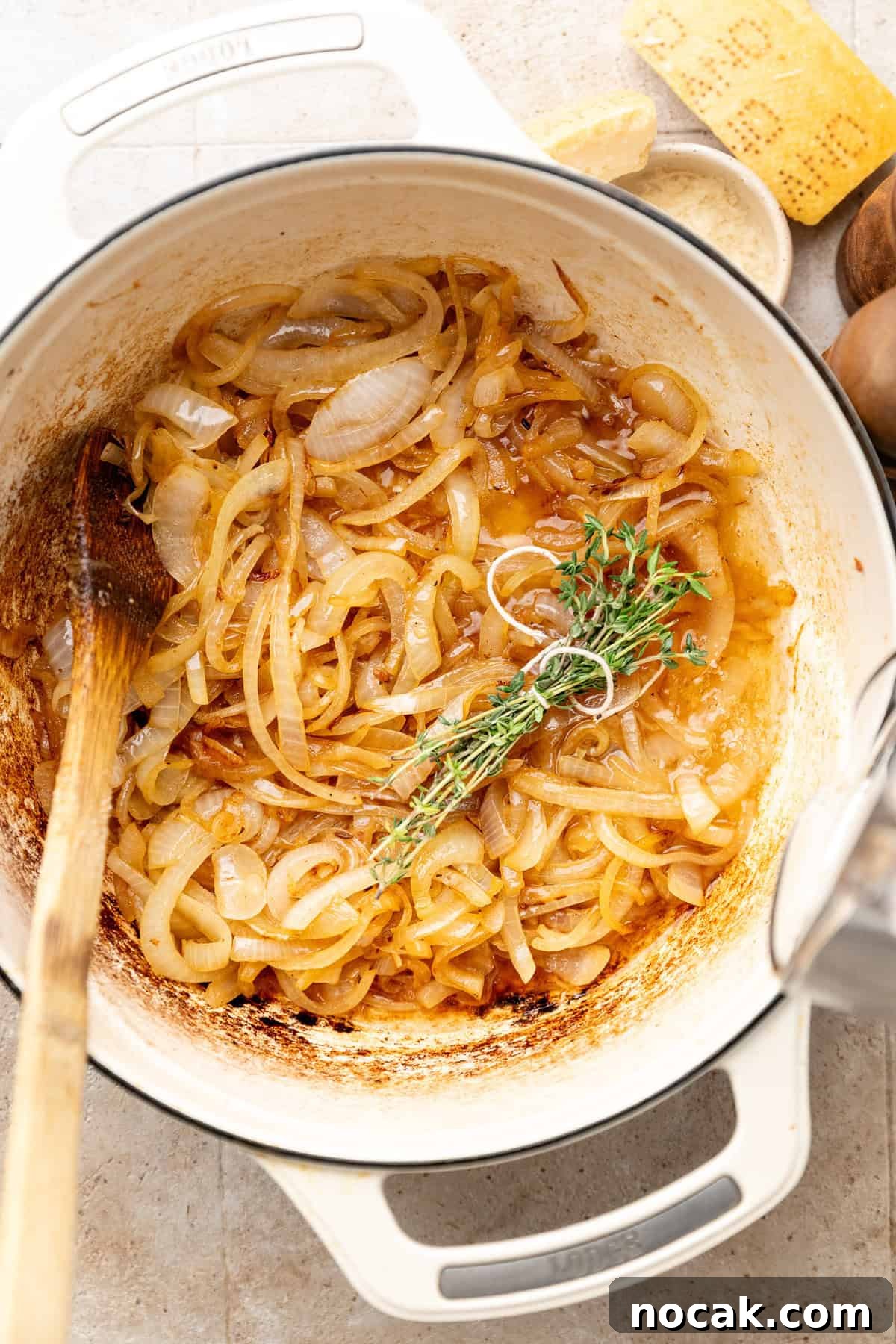 Creamy French Onion Sausage Pasta Recipe 5 onions caramelizing in pot