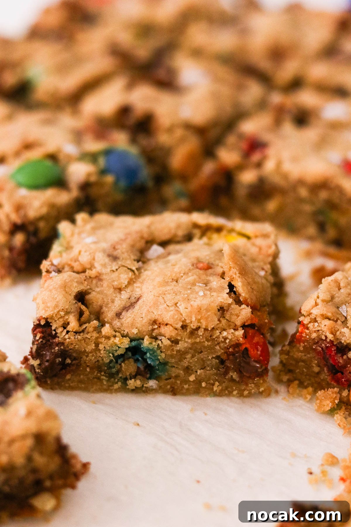 Leftover Halloween Candy Cookie Bars Recipe for Using Candy Up 11 Close-up of a cut slice of a leftover halloween candy cookie bar garnished with flaky sea salt.