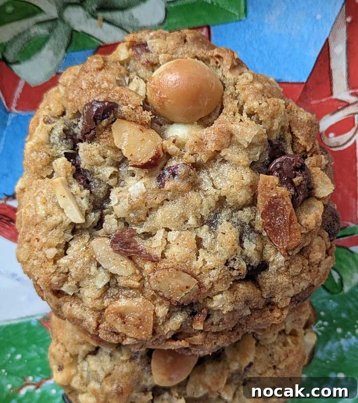 Santa Cookie Ideas for 2021: Delightful Treats to Leave Out 2 Cookies for Santa! These are thick and chewy Macadamia Almond Chocolate Coconut Oatmeal Cookies.