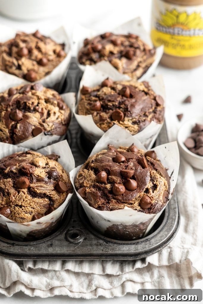 Bakery-Style Double Chocolate Chip Muffins with SunButter Swirl 7 Bakery style double chocolate chip muffin batter looking tall and fluffy in a pan.