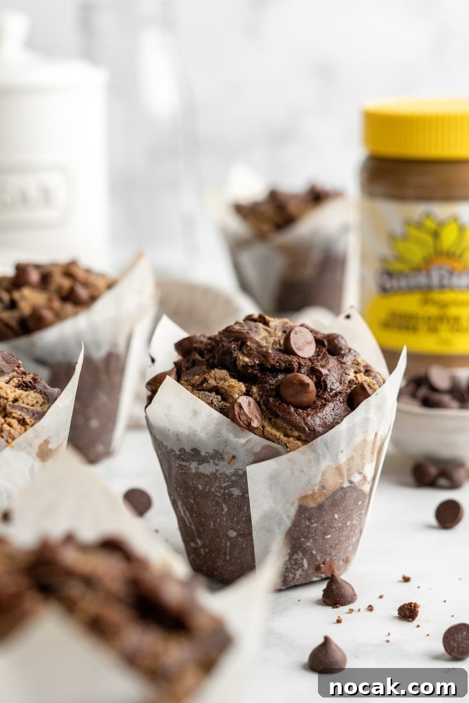 Bakery-Style Double Chocolate Chip Muffins with SunButter Swirl 9 Bakery style double chocolate chip muffin batter looking tall and fluffy.