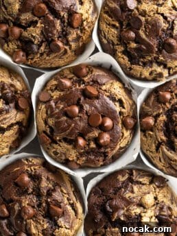 Bakery-Style Double Chocolate Chip Muffins with SunButter Swirl 10 Tops of bakery style double chocolate chip muffins