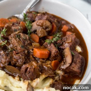 Instant Pot Beef Bourguignon Recipe — Classic French Comfort in 45 Minutes 2 serving of beef bourguignon with potato in a white bowl