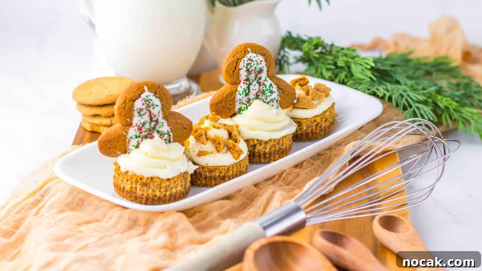 30 Christmas Desserts That Steal the Spotlight from Cookies 2 A plate of frosted cupcakes topped with gingerbread cookies, surrounded by a whisk, wooden spoons, and greenery for decoration.