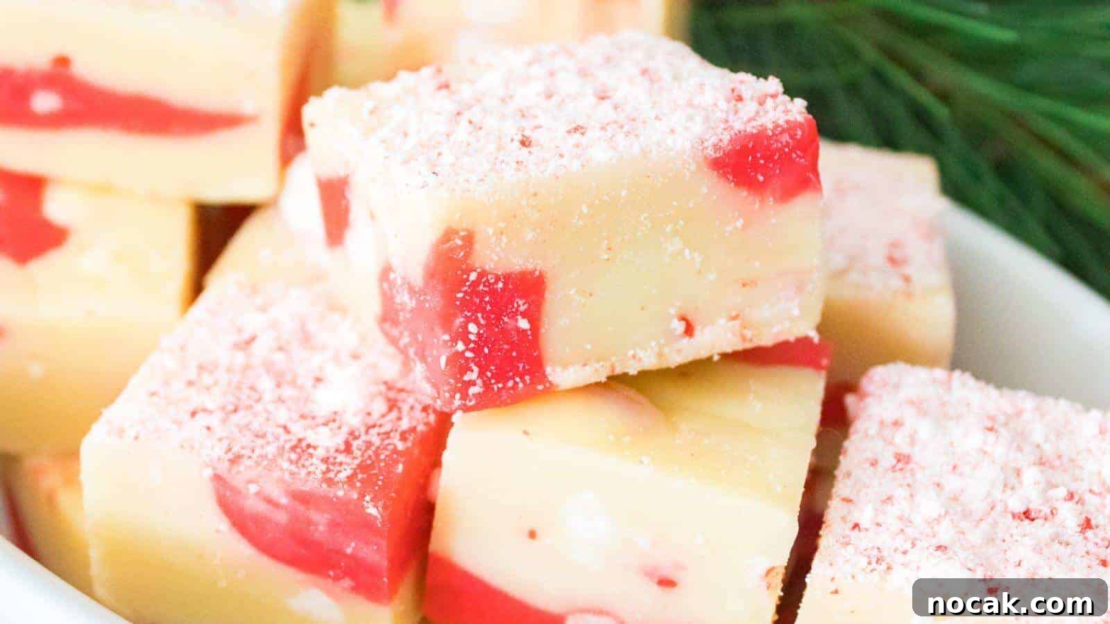 30 Christmas Desserts That Steal the Spotlight from Cookies 27 Close-up of white chocolate candy cane fudge with red swirls, topped with crushed peppermint and stacked on a white plate.