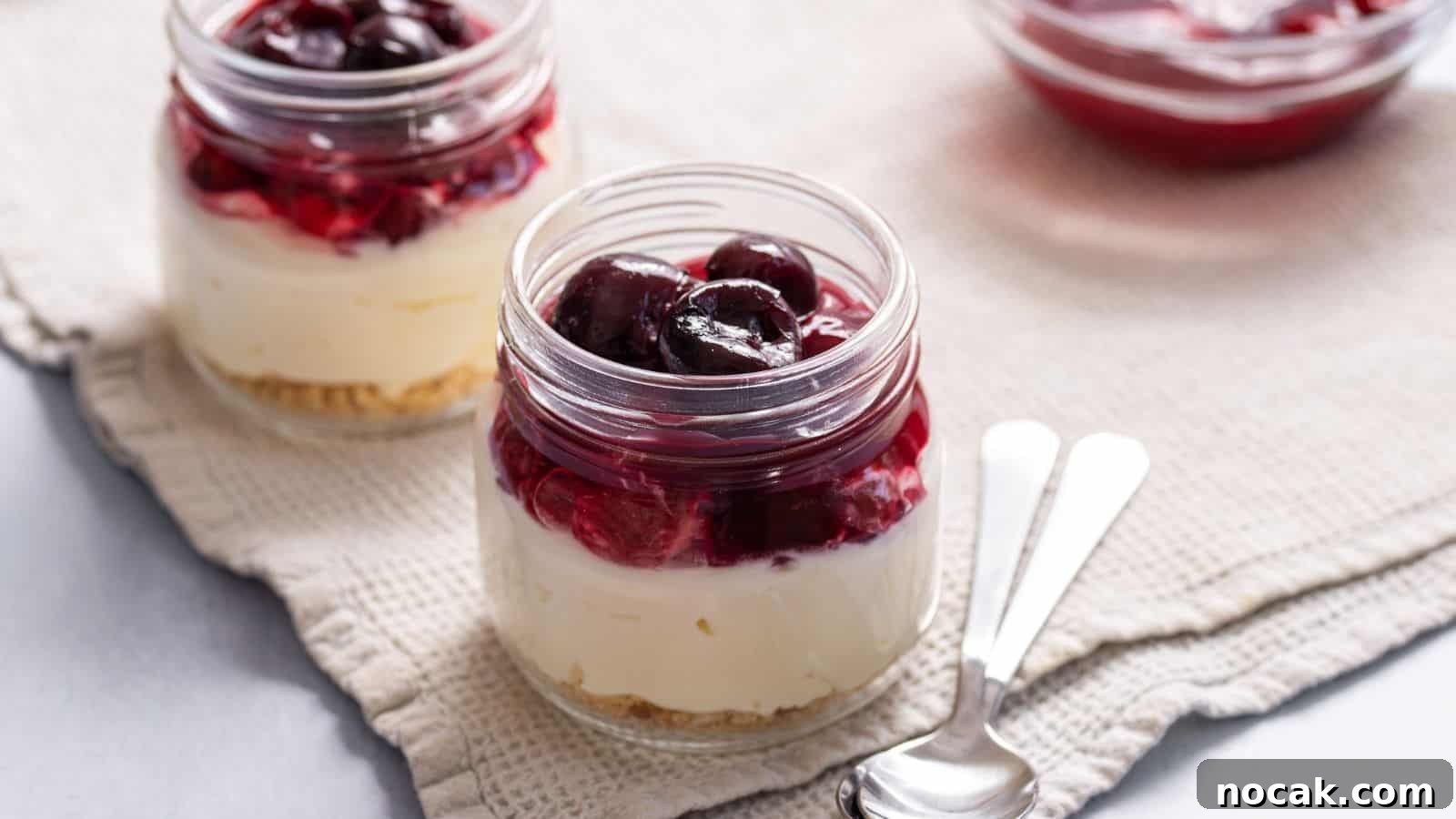 30 Christmas Desserts That Steal the Spotlight from Cookies 7 Two jars of layered cheesecake with a graham cracker base, cream cheese filling, and a topping of dark red cherries, on a cloth with spoons beside them.