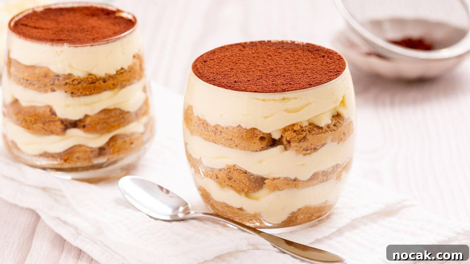 30 Christmas Desserts That Steal the Spotlight from Cookies 8 Two glasses of tiramisu dessert with layers of mascarpone cheese and coffee-soaked ladyfingers topped with cocoa powder, placed on a white cloth next to a spoon.