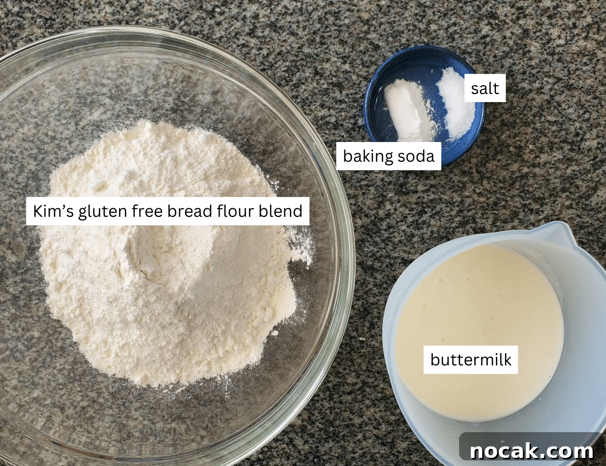ingredients for soda bread measured out and labeled.