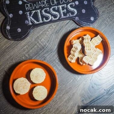 Homemade Liver Brownies: Irresistible Dog Treat Recipe 17 A brown bowl with frozen peanut butter dog treats shaped like bacon and muffins and a beware of dog kisses sign.