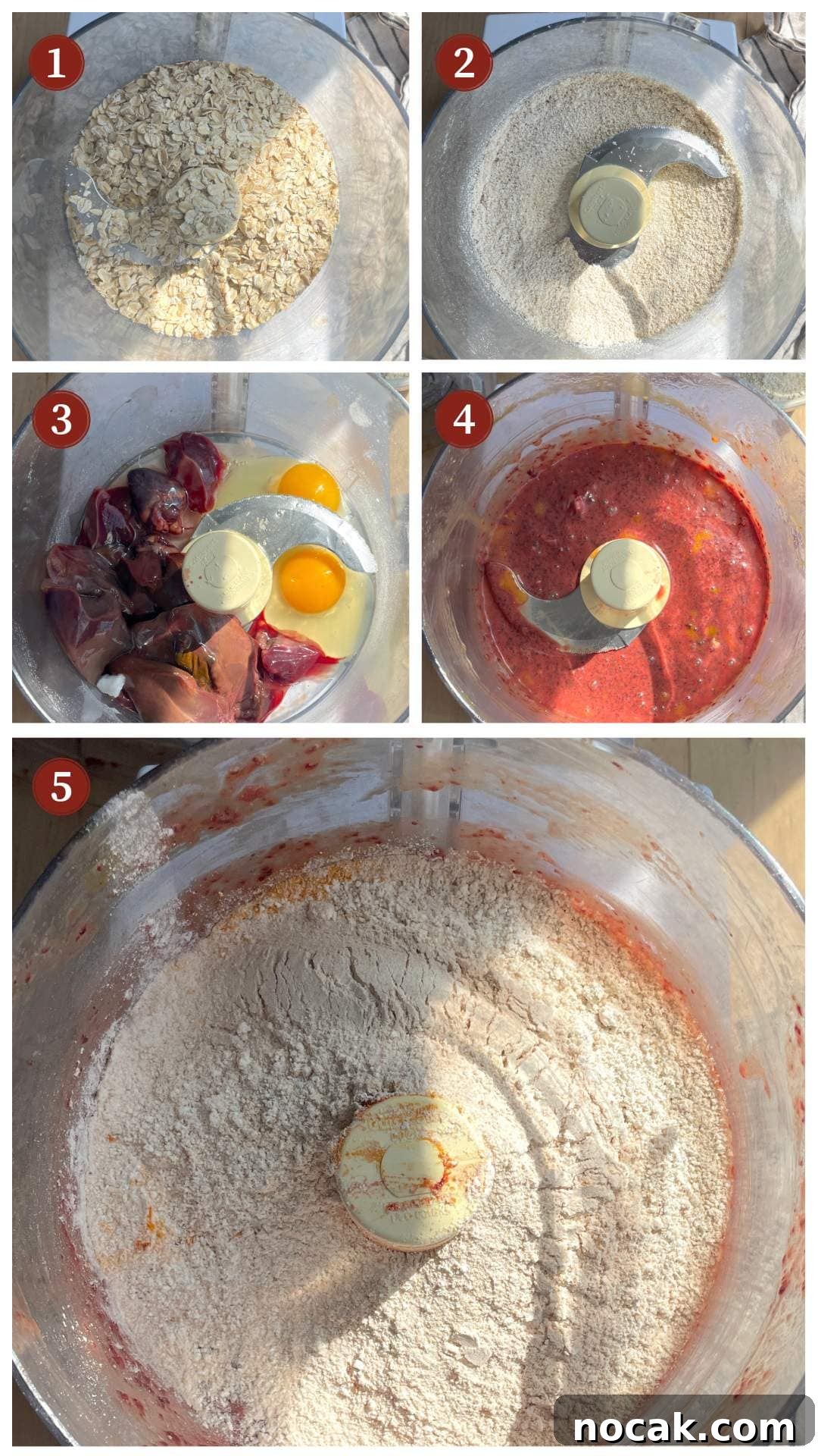 Homemade Liver Brownies: Irresistible Dog Treat Recipe 4 A collage of images showing how to bake liver brownies, steps 1-5.