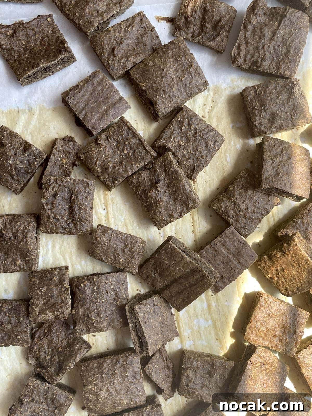 Homemade Liver Brownies: Irresistible Dog Treat Recipe 10 A pan with parchment paper on it covered in square liver brownie treats for dogs.