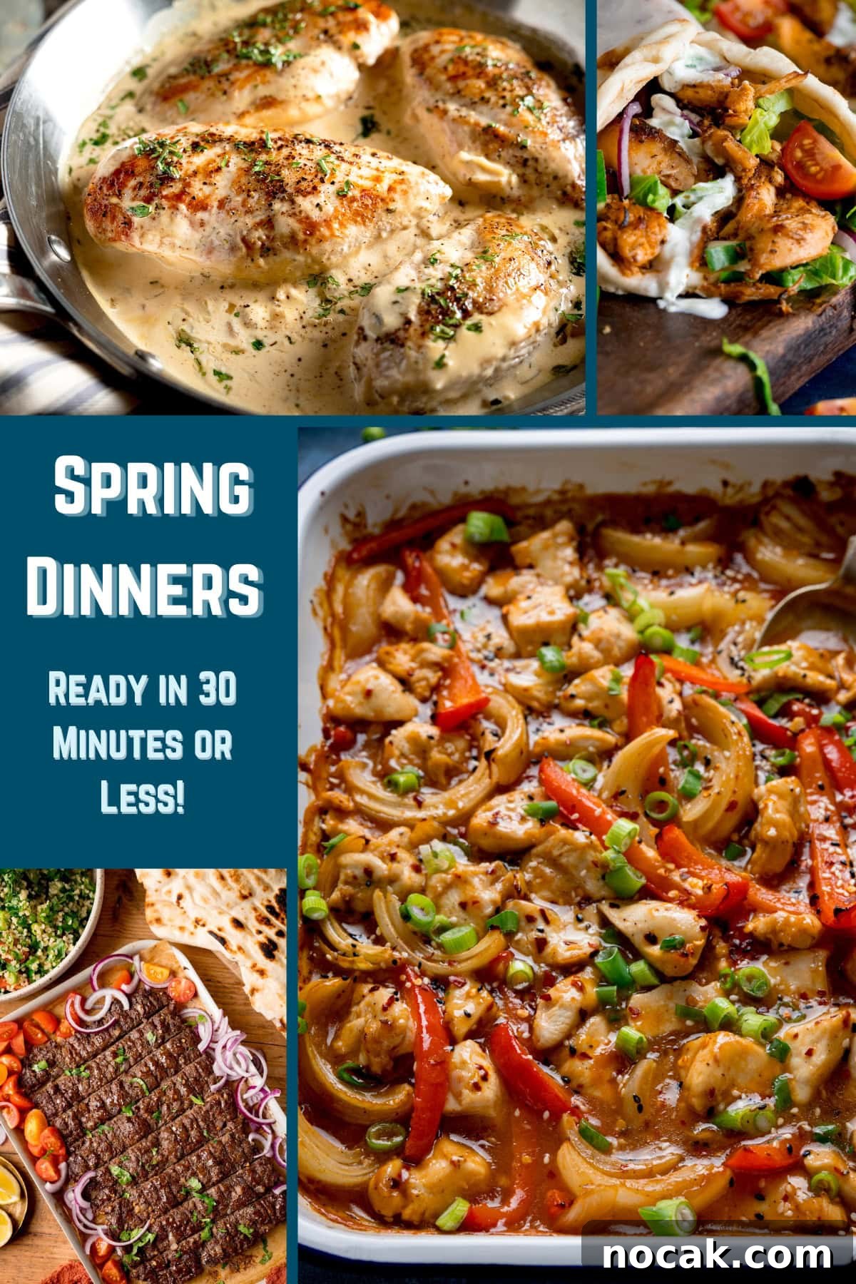 Collage of various spring dinner dishes, including Tarragon chicken, chicken gyros, Sheet pan kebab, and chicken stir fry traybake with text: Spring Dinners Ready in 30 Minutes or Less!