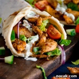 side shot of chicken gyros rolled up in a flatbread with lettuce, tomato, red onion and tzatziki. The gyros is on a dark wooden board with further ingredients scattered around.