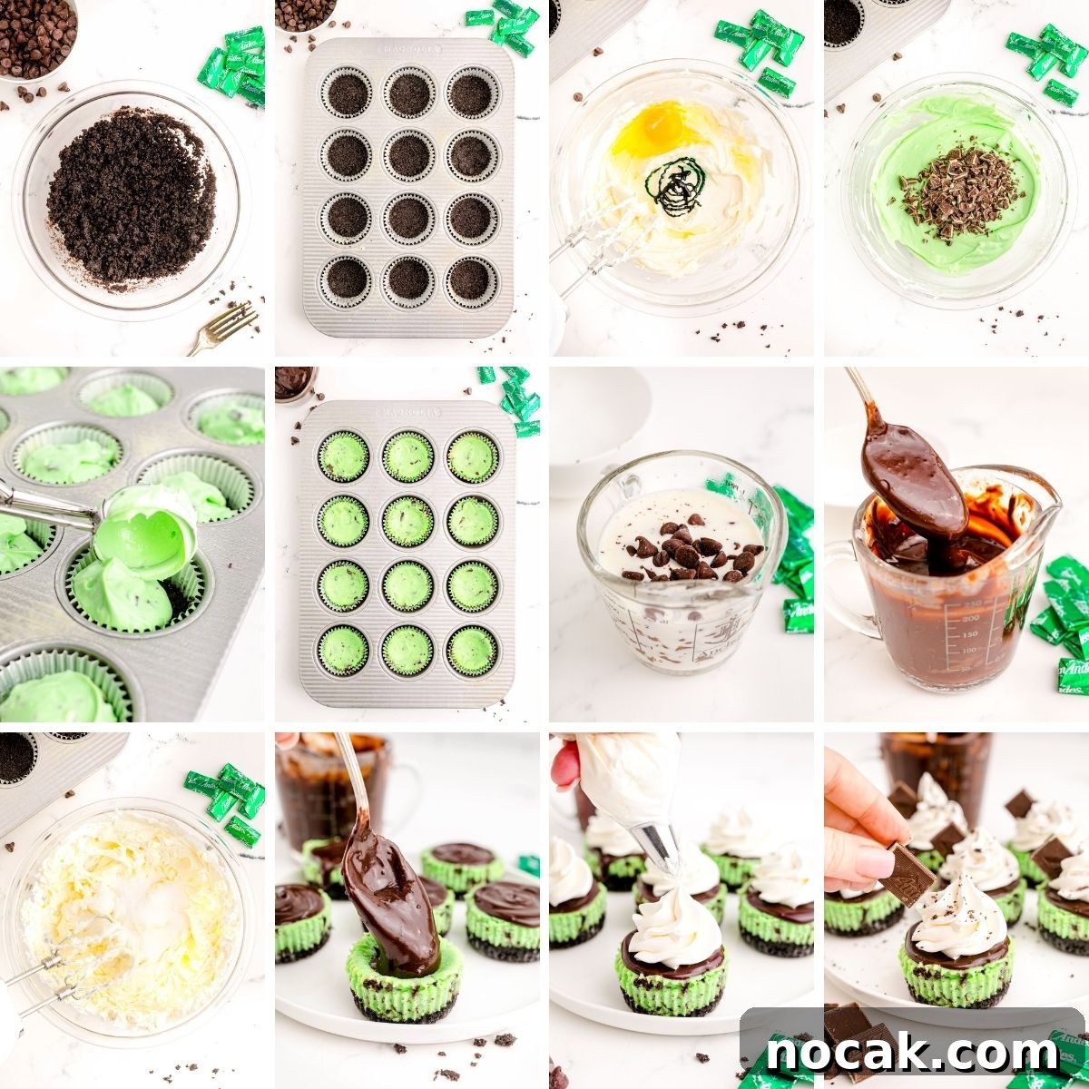 Oreo Chocolate Mint Mini Cheesecakes for St. Patrick’s Day 5 Step by step photo collage showing how to make mini mint chocolate oreo cheesecakes from scratch.
