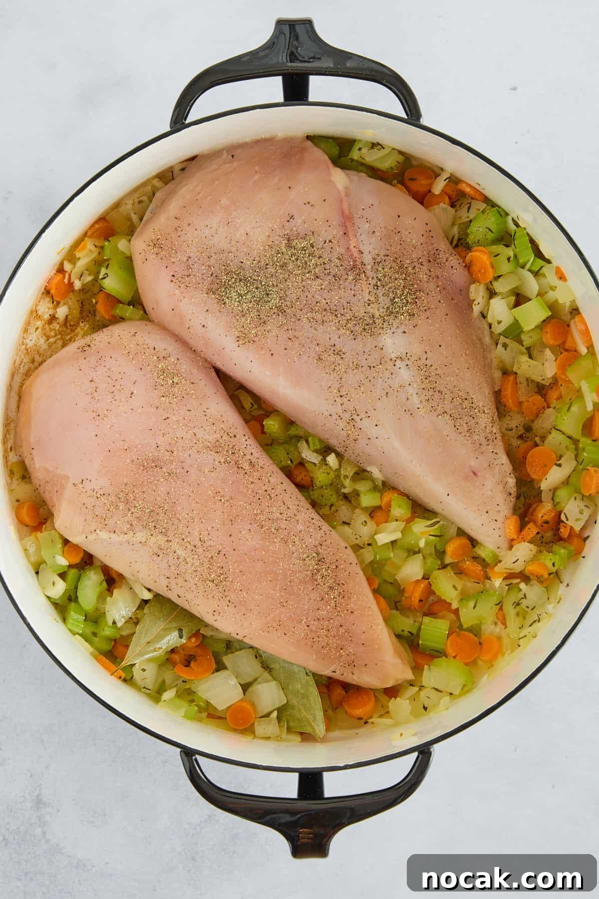 Chicken Noodle Soup with Ditalini: Homemade Comfort Recipe 5 Carrots, onions, celery, garlic, bay leaves, seasonings, and two raw chicken breasts in a pot.