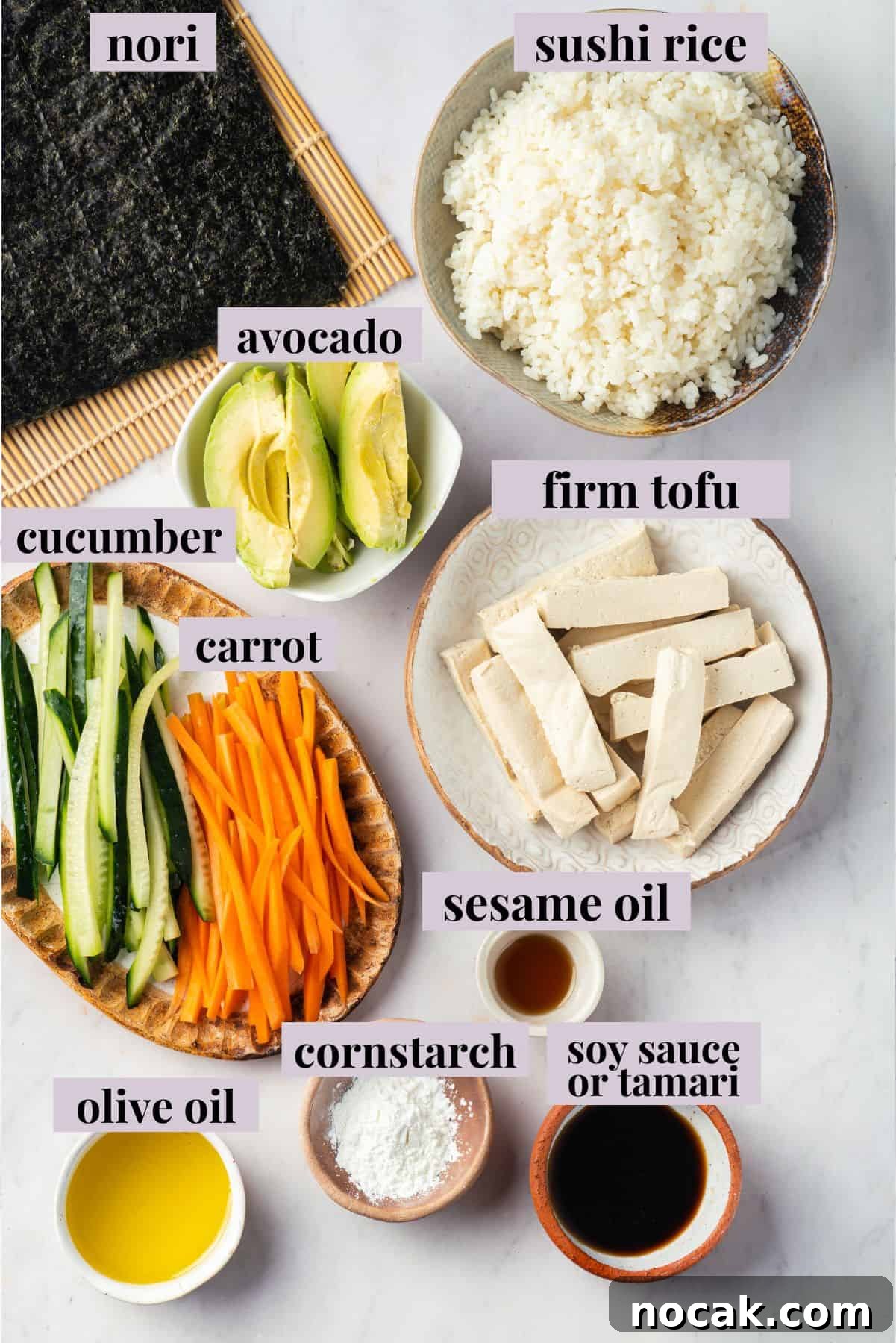 Overhead view of ingredients for vegan sushi with labels
