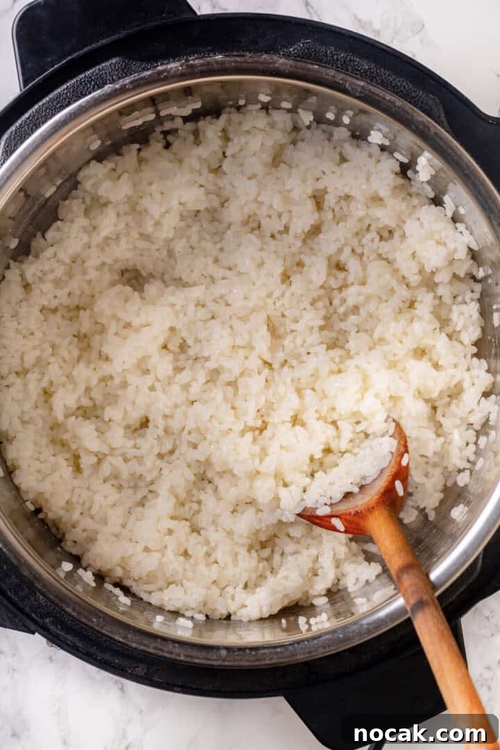 Overhead view of sushi rice in Instant Pot
