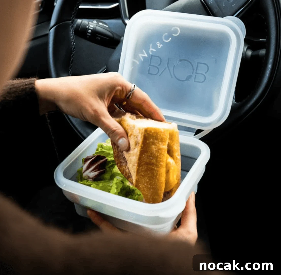 Collapsible silicone box from BYOB filled with a sandwich