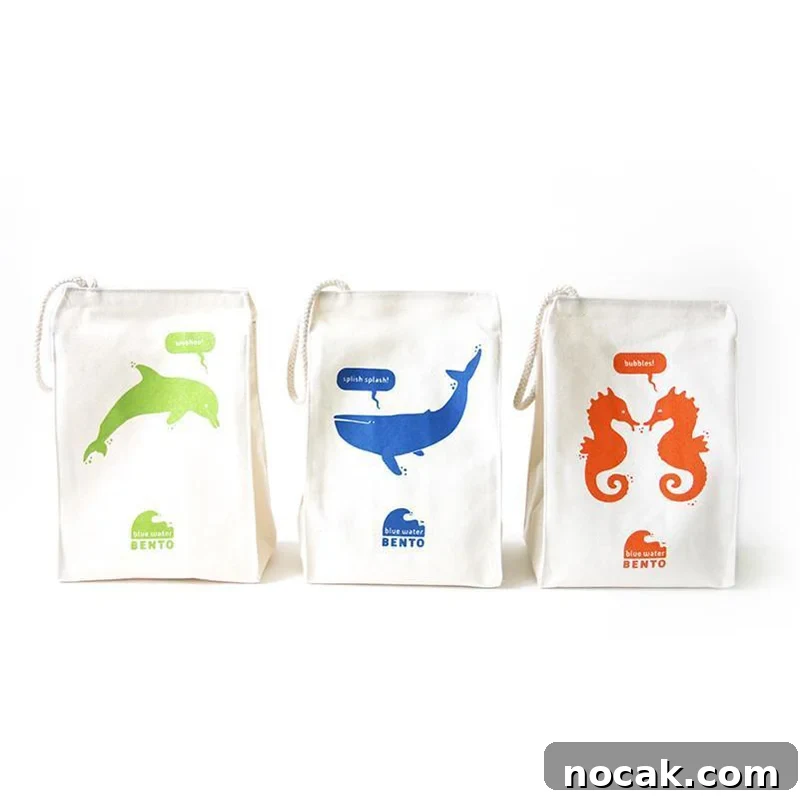 Machine-washable organic cotton lunch bags with sea animal prints
