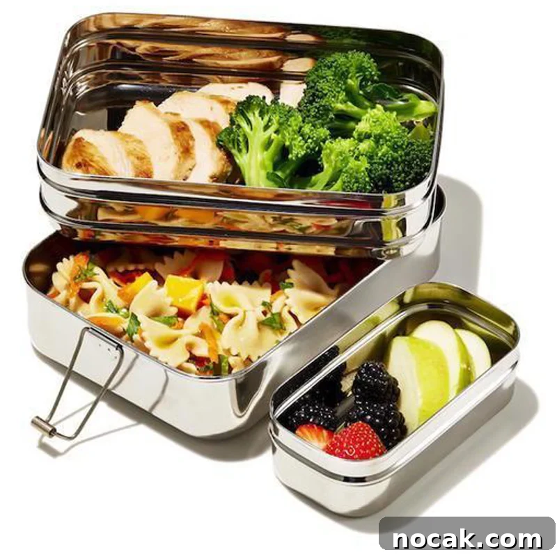 Stainless steel lunch boxes filled with healthy foods