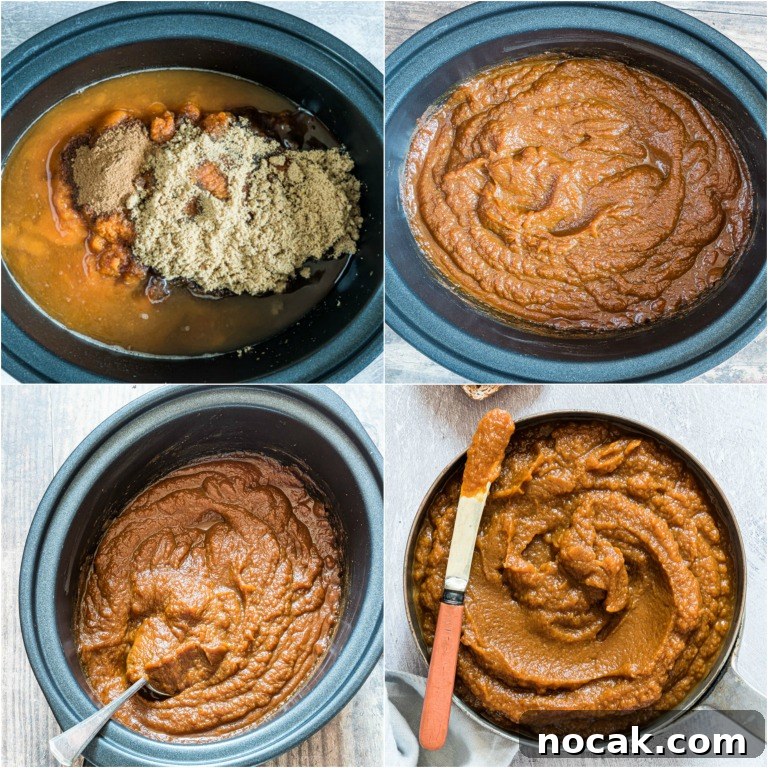 Slow-Cooker Pumpkin Butter Recipe for Fall Spreads and Gifts 4 image collage showing the steps for making pumpkin butter in a slow cooker