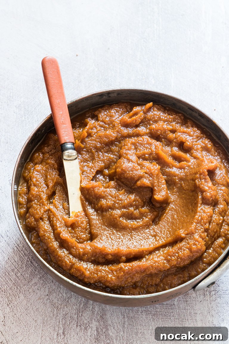 Slow-Cooker Pumpkin Butter Recipe for Fall Spreads and Gifts 7 the completed crock pot pumpkin butter served in a pan with a knife