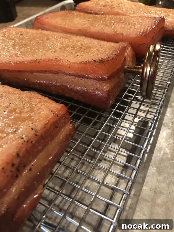 Homemade Hickory-Smoked Bacon Recipe: How to Make Real Bacon 8 Hickory Smoked Bacon with meat thermometer | savorwithjennifer.com