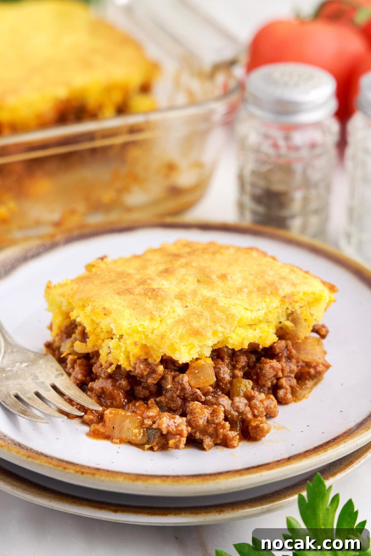 Sloppy Joe Casserole with Cheesy Cornbread Topping 3 plate of Sloppy Joe Cornbread Casserole