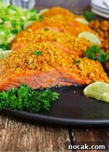 Walnut Encrusted Spicy Salmon with Roasted Chickpeas and Brussels Sprouts