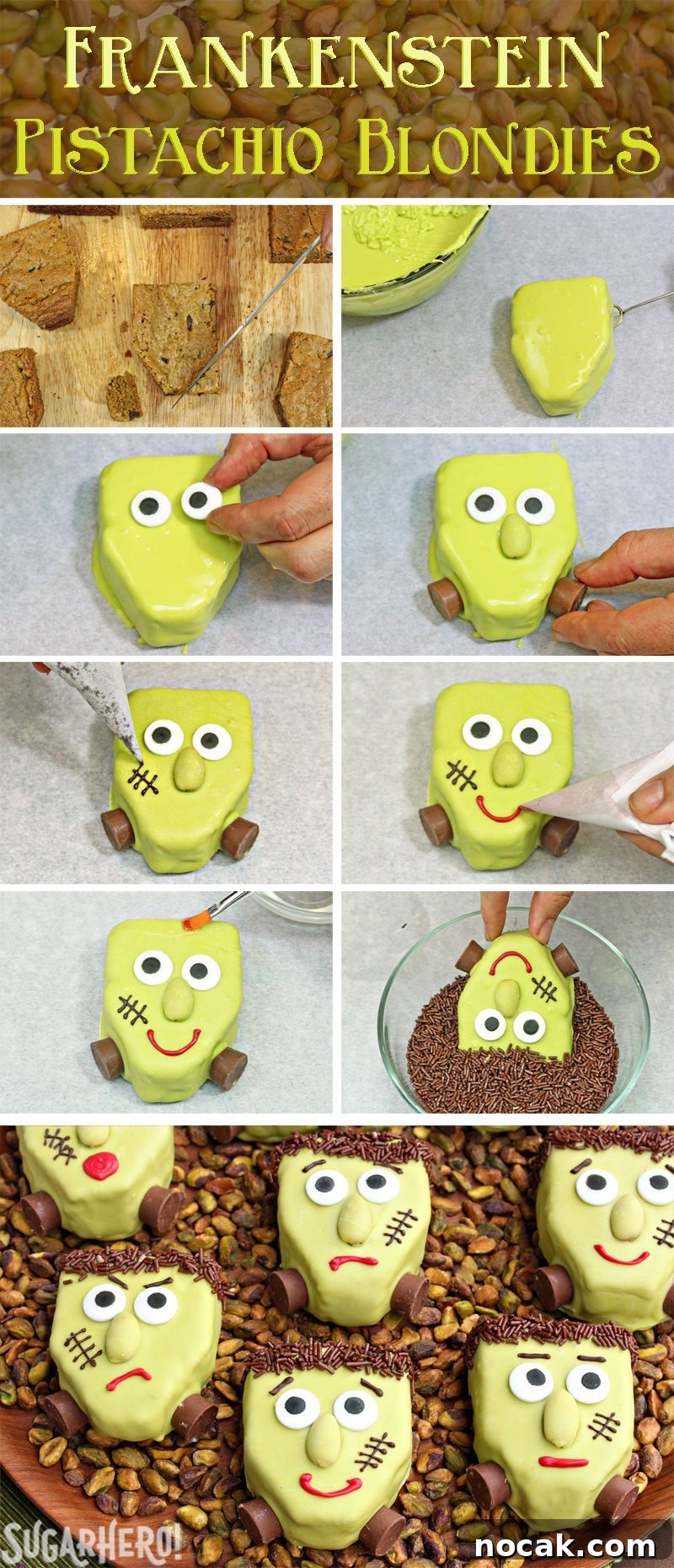 How to Make Frankenstein Pistachio Blondies | From SugarHero.com