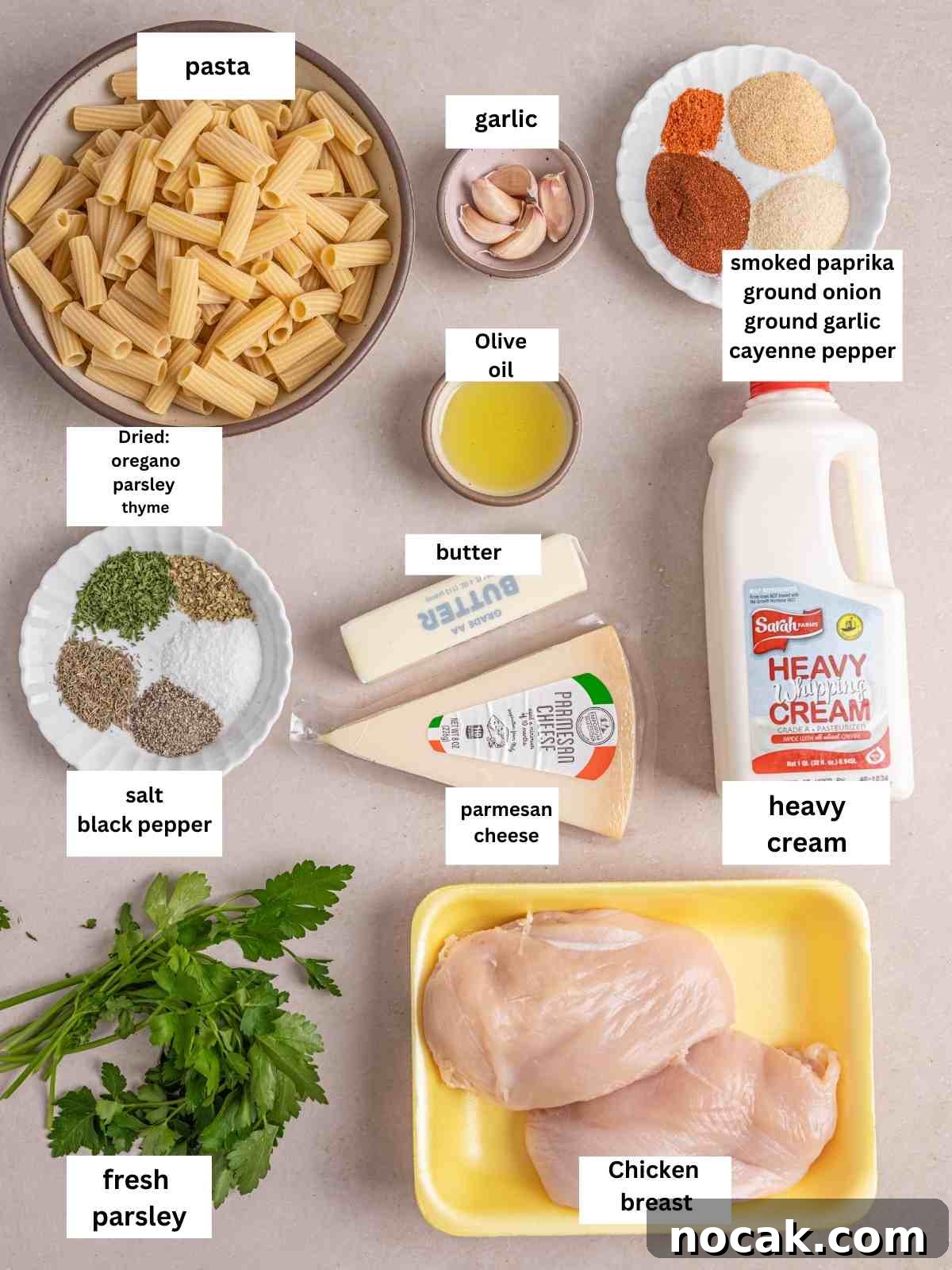 Blackened Chicken Alfredo Pasta Recipe: Creamy Cajun-Style Dinner 3 Ingredients needed to make the blackened chicken alfredo recipe.