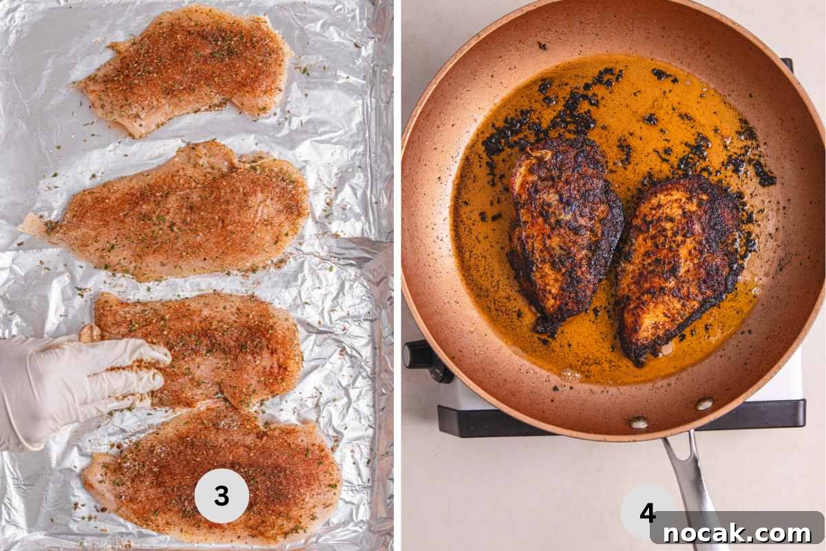 Blackened Chicken Alfredo Pasta Recipe: Creamy Cajun-Style Dinner 5 Sprinkling the chicken with seasoning and sauteeing it in hot oil.