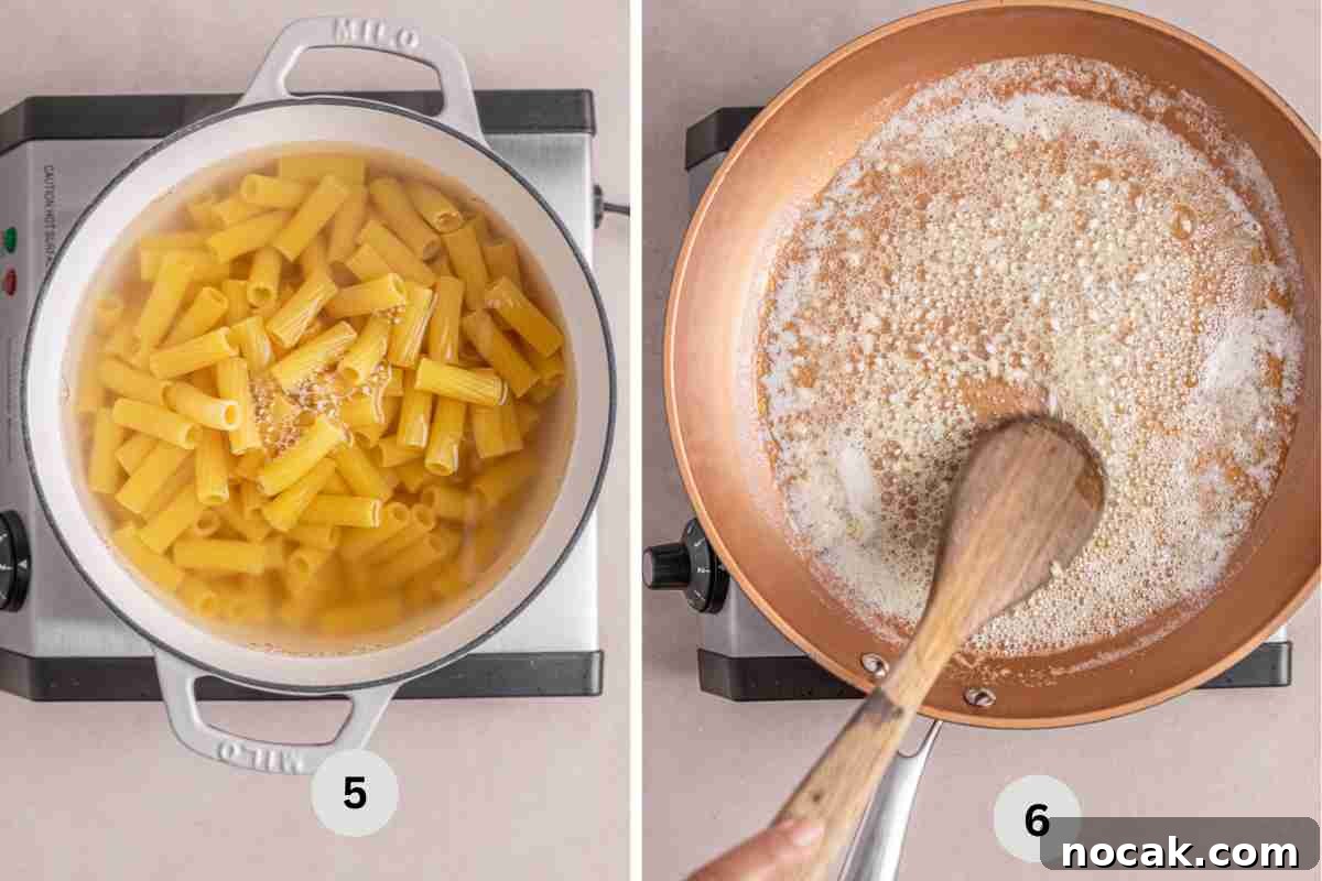 Blackened Chicken Alfredo Pasta Recipe: Creamy Cajun-Style Dinner 6 Cooking the pasta and sautéing the garlic in butter.