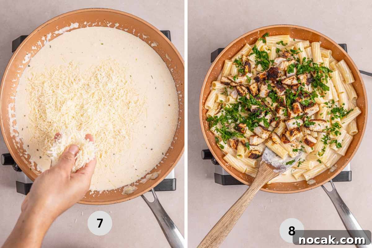 Blackened Chicken Alfredo Pasta Recipe: Creamy Cajun-Style Dinner 7 Making the alfredo sauce and adding chicken chunks to the pasta.